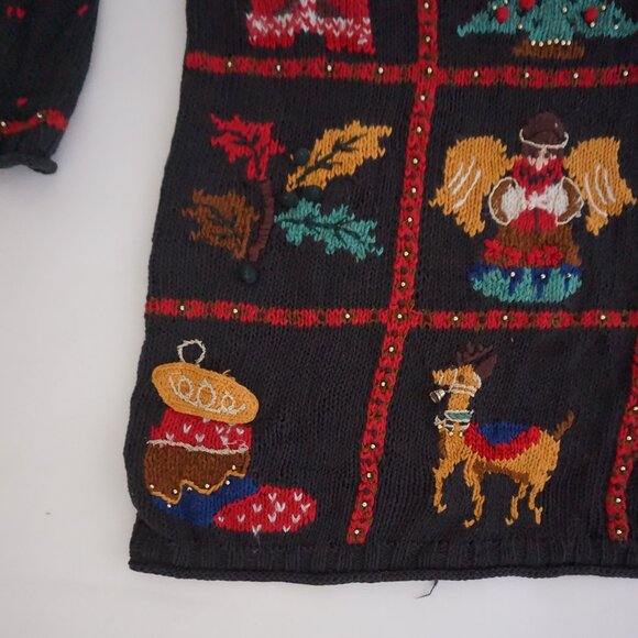 Vintage Valerie Stevens Christmas Sweater Patchwork Tree Reindeer Angel Knit M - Picture 6 of 11